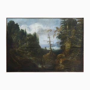 Large Animated Mountain Landscape with Architecture, Early 1700s, Oil on Canvas