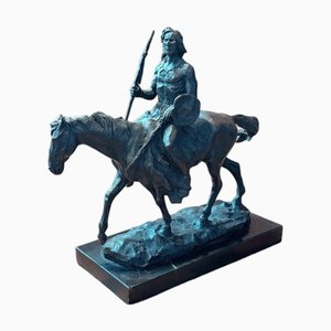 Chef Indien à Cheval en Bronze avec Socle en Marbre