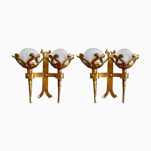 Spanish Wall Light in Gilt Iron with Milk Glass Globes, 1950, Set of 2