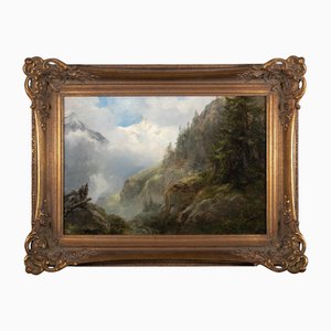 After E.T. Compton, Cloudy Mountain Landscape, Oil on Cardboard, 19th Century, Framed