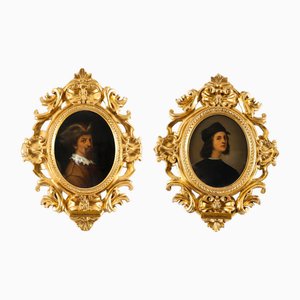 Selbstporträts von Raphael & Andrea del Sarto, 19. Jh., Antike Ölgemälde, Gerahmt, 2er Set
