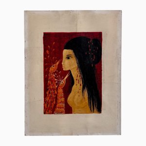 Tran Long, junges nacktes Mädchen mit Pfauenköpfen, 20. Jh., Acryl auf Papier