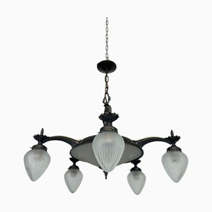 Vintage Cubist Bronze Chandelier, 1930s