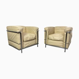 White Leather LC2 Club Chairs attributed to Le Corbusier for Cassina, 1970s, Set of 2