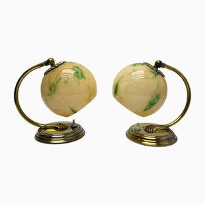Lampade da tavolo Art Déco in ottone con paralumi opachi, anni '30, set di 2