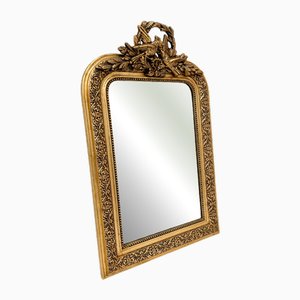 Antique French Giltwood Wall Mirror with Bird and Laurel Crest, 19th Century