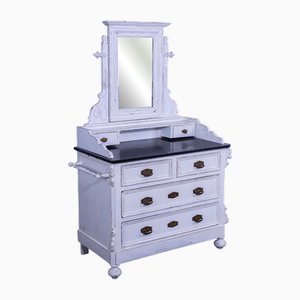 Small Antique White Pine Chest of 4 Drawers with Marble Top and Mirror, Late 19th Century