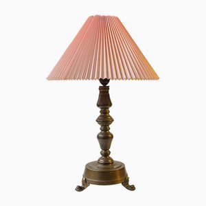Danish Bronze Lion Paw Table Lamp with Pink Shade, 1930s