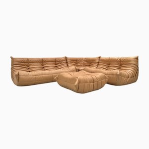 French Camel Brown Leather Togo Living Room Set attributed to Michel Ducaroy for Ligne Roset, Set of 4