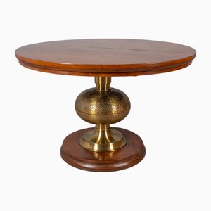 Tavolo vintage rotondo in legno e ottone, Italia, anni '60