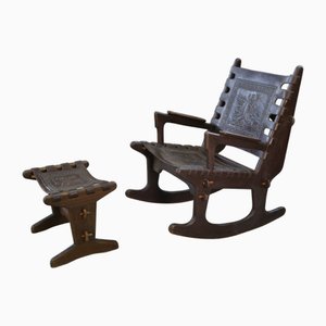 Poltrona con poggiapiedi in legno e pelle marrone di Angel Pazmino, anni '60, set di 2