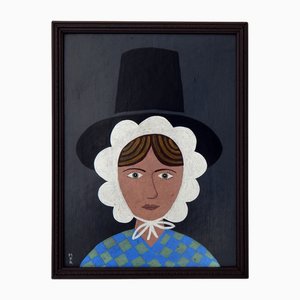 Matt Rix, Naive Style Portrait of Gwen, Welsh Lady in Traditional Dress, 2000s, Oil Painting, Framed