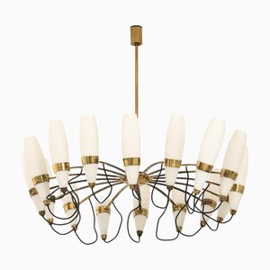 Large Chandelier in Opaline Glass and Brass from Stilnovo, 1950s