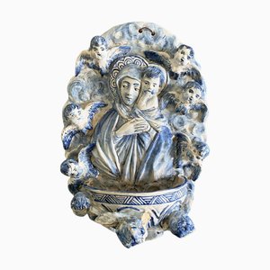 Italienische Vintage Weihwasserfontäne in Weiß & Blau mit Little Angels, 1950er