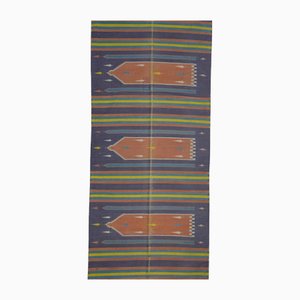 Langer Vintage Dhurrie Läufer in Blau und Grün