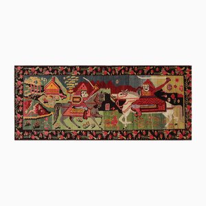Mid-Century Pictorial Rug with Green and Red Horsemen Pattern, 1950s
