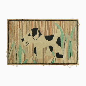 Antique Beige-Brown Hooked Rug with Animal Pictorial Pattern