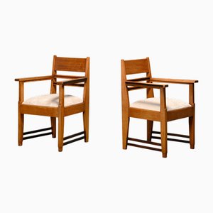 Amsterdam School Art Deco Armchairs in Oak and Almond Fabric, 1930s, Set of 2