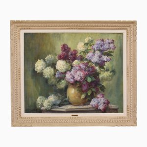 Lucien Gilbert Darpy, Lilac Flowers, Oil on Canvas, 20th Century, Framed