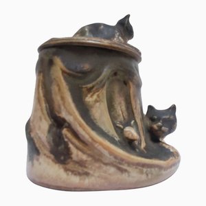Vaso vintage con gatto e topo in ceramica di Denbac, anni '30