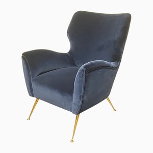 Vintage Lounge Chair in Blue Velvet, 1950s
