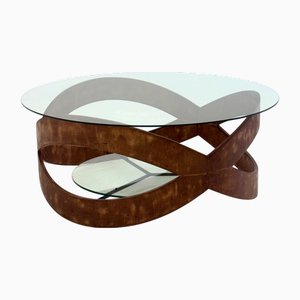 Tavolino da caffè vintage rotondo con struttura scultorea in legno, anni '70