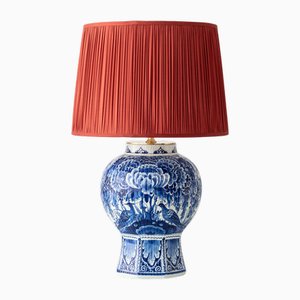 Large Blue and White Hand-Painted Table Lamp with New Terracotta Silk Lampshade from Royal Delft, 1948
