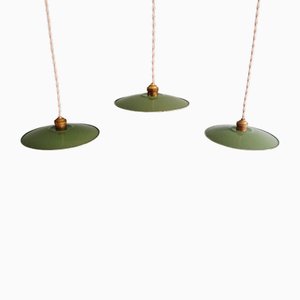 Industrial Green Pendant Lights, 1940s, Set of 3