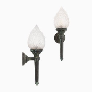 Große antike Verdigris Bronze Torchiere Wandlampen, 1890er, 2er Set