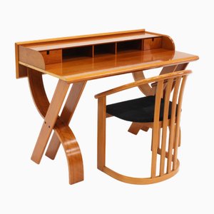 Vintage Italian Wooden Desk and Chair, 1970s, Set of 2