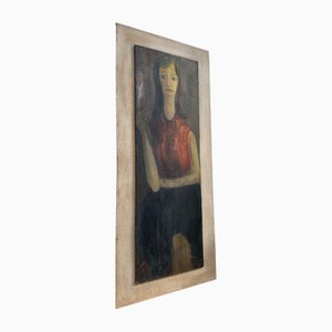 Artiste Flamand, Portrait Féminin, Peinture sur Bois, 1950s