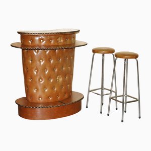 Mid-Century Modern Clad Home Cocktail Bar and Stools, Set of 3