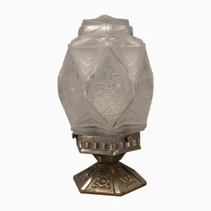 French Art Deco Frosted Glass and Nickel-Plated Brass Table Lamp, 1930s