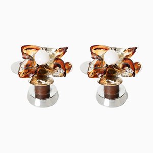 Flower Murano Glass Table Lamps in Chrome and Leather from Mazzega, 1970s, Set of 2
