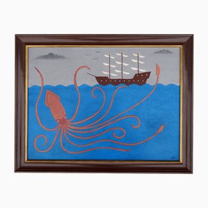 Matt Rix, Naive Style Giant Squid & Sail Ship, Oil on Board, Framed