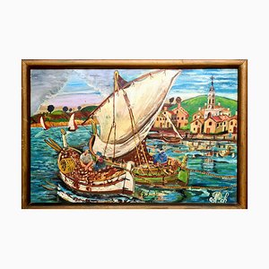 Hafenszene im naiven Stil mit Fischerbooten, 1960er, Öl auf Holz, gerahmt