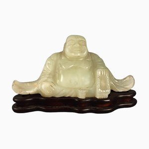 Sculpture Bouddha Antique en Jade sur Socle en Bois, Chine, Début des années 1900