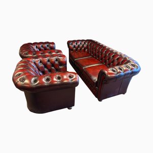 Chesterfield Leather Sofa and Chairs from Winchester, Set of 3