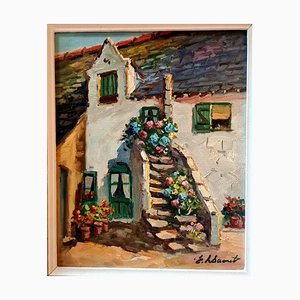 Edouard Le Saout, Geraniums and Flowers on a Cottage Staircase, 1950s, Oil on Canvas