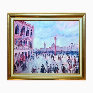 Mario Bonamici, Piazza San Marco, Doge's Palace, Venice, 1950s, Oil on Panel, Framed