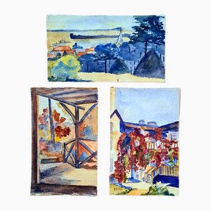 A Ghillies, Barbizon School Landscapes, 1918, Watercolors, Set of 3