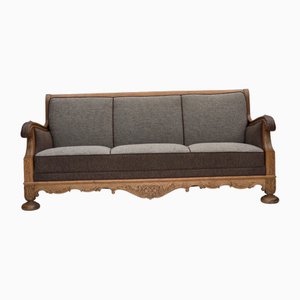 Divano a tre posti in lana e quercia intagliata, Danimarca, anni '50