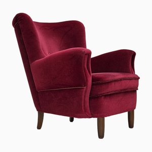 Danish Armchair in Cherry-Red Velour with Beech Legs, 1960s