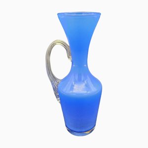 Jarrón de cristal de Murano azul con asas, años 50