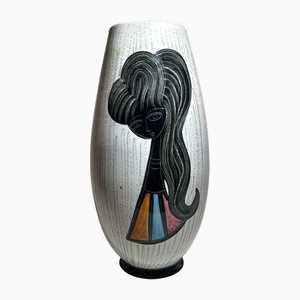 Vaso Mid-Century moderno in ceramica con ragazza stilizzata e motivi geometrici, anni '60