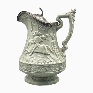 Gothic Revival Ceramic Relief Jug with Pewter Mount from W. Ridgway & Son, England, 1840s