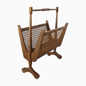 Revistero italiano Mid-Century de caña, ratán y madera, años 60