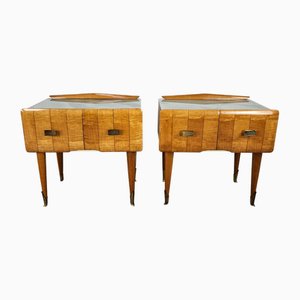 Mid-Century Italian Bedside Tables in Maple, Brass and Decorated Glass, 1950s, Set of 2