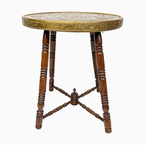 Antique Brass Tray Table with Turned Wood Legs, 1890s
