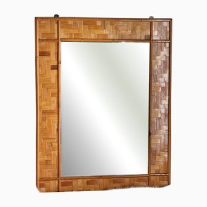 Italian Woven Rattan Mirror with Stitched Bamboo Details, 1970s